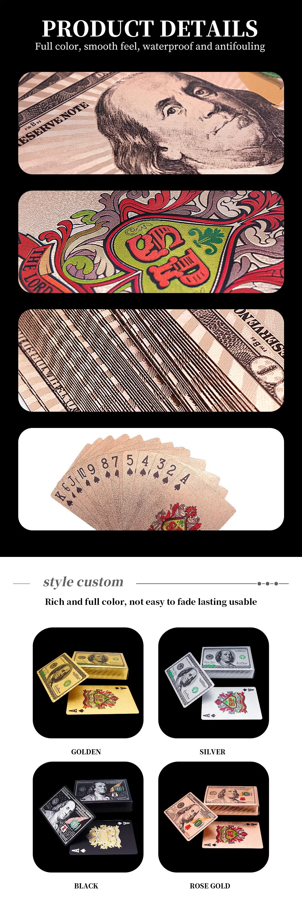 Custom Printed Playing Cards Waterproof PVC Rose Gold Plastic Poker